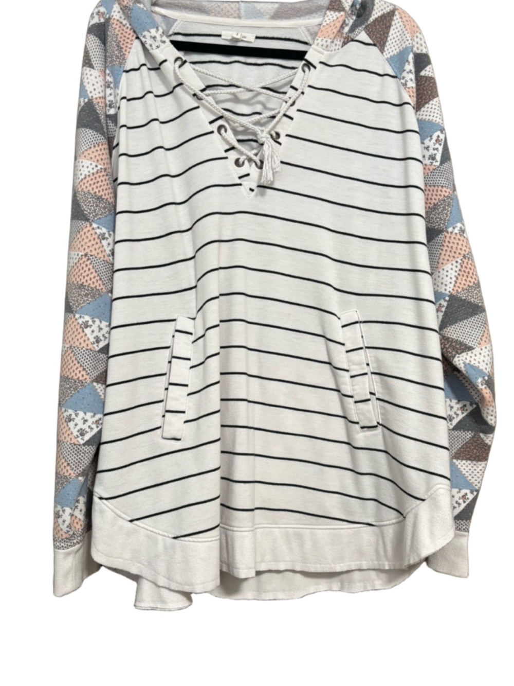 Striped Patchwork Lace Up Harmony Hoodie - Picture 2 of 6